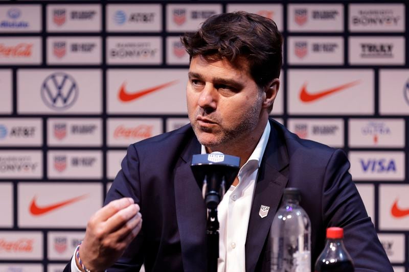 Mauricio Pochettino, the newly appointed head coach of the United States men's national soccer team, speaks at a press conference Friday, Sept. 13, 2024, in New York. (AP Photo/Adam Hunger)