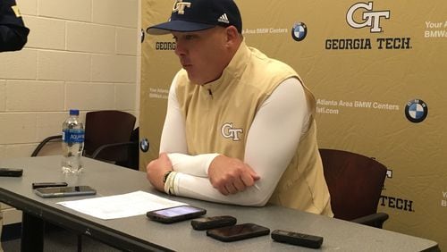 Georgia Tech coach Geoff Collins at a post-game news conference at Scott Stadium in Charlottesville, Va.,  following his team's loss to Virginia November 9, 2019. (AJC photo by Ken Sugiura)