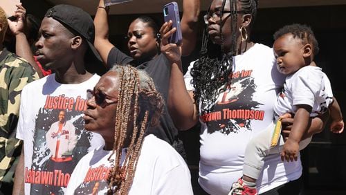 Family and friends of Lashawn Thompson protest outside of The Fulton County Government Center on Wednesday, May 3, 2023.  Thompson was found dead and covered in bed bugs at Fulton County Jail last year. (Natrice Miller/natrice.miller@ajc.com)