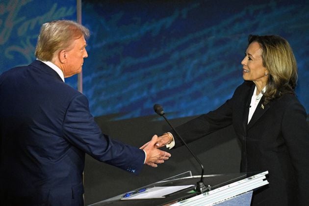 Vice President and Democratic presidential candidate Kamala Harris, right, shakes hands with former President and Republican presidential candidate Donald Trump during a presidential debate at the National Constitution Center in Philadelphia on Sept. 10, 2024. (Saul Loeb/AFP/Getty Images/TNS)