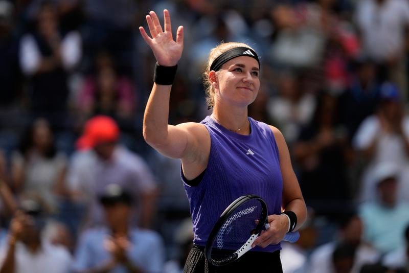 Karolina Muchova, of the Czech Republic, reacts after defeating Beatriz Haddad Maia, of Brazil, during the quarterfinals of the U.S. Open tennis championships, Wednesday, Sept. 4, 2024, in New York. (AP Photo/Kirsty Wigglesworth)