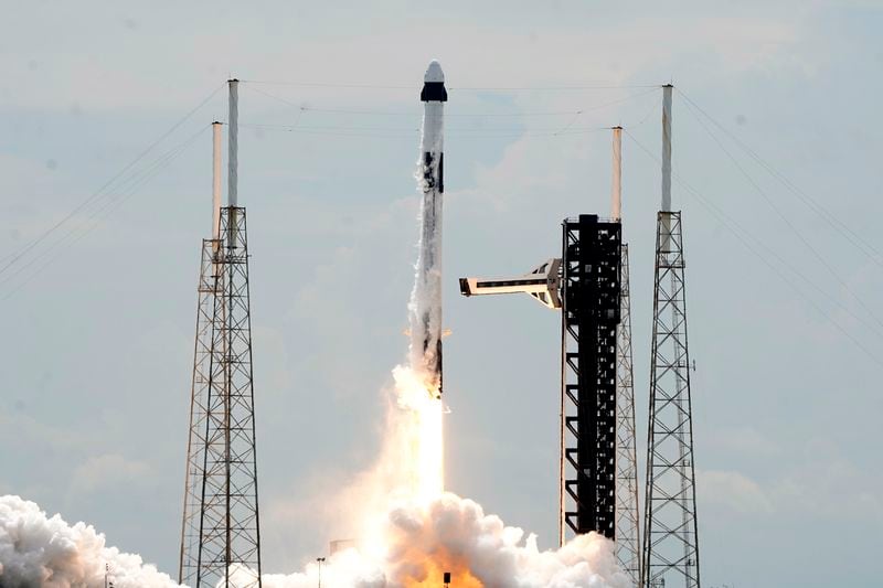 A SpaceX Falcon 9 rocket, with a crew of two astronauts, lifts off from launch pad 40 at the Cape Canaveral Space Force Station Saturday, Sept. 28, 2024, in Cape Canaveral, Fla. (AP Photo/Chris O'Meara)