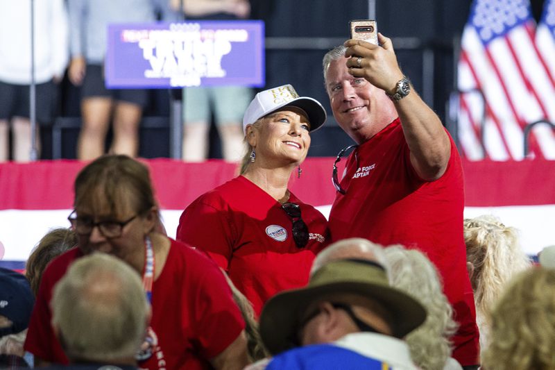 Supporters gather at a rally to hear Republican vice presidential nominee JD Vance, Tuesday, Sept. 17, 2024, at Apple Valley Events in Sparta, Mich. (Isaac Ritchey/The Grand Rapids Press via AP)