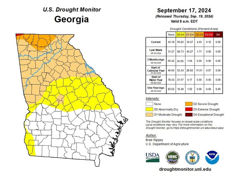 The new U.S. Drought Monitor map for Georgia, released Sept. 19, 2024, shows dry conditions covering more than half of the state. If a new federal forecast proves accurate, it's possible the drought could expand.