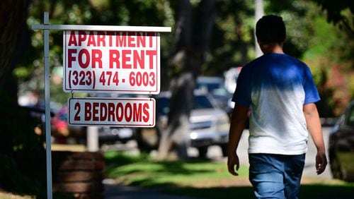 An apartment for rent sign is posted in South Pasadena, California, on Oct. 19, 2022. (Frederic J. Brown/AFP/Getty Images/TNS)