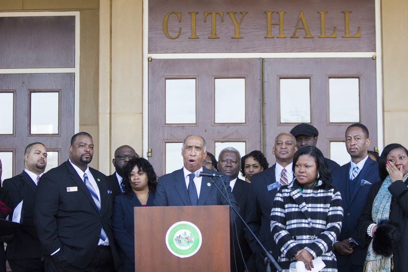 Stockbridge Mayor Anthony S. Ford addresses the public during a press conference regarding the push to create a city of Eagles Landing at Stockbridge City Hall in Stockbridge, Georgia on Monday, February 5, 2018. Stockbridge city leaders gathered to discuss the battle to keep Eagles Landing and Henry County residents from creating the proposed city. (REANN HUBER/REANN.HUBER@AJC.COM)