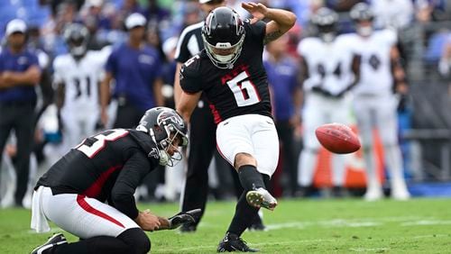 Atlanta Falcons place kicker Younghoe Koo (6) kicks a field goal during the second half of an preseason NFL football game against the Baltimore Ravens, Saturday, Aug. 17, 2024, in Baltimore. (AP Photo/Terrance Williams)