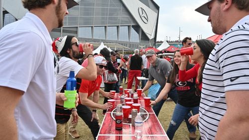 Home Depot will become an official corporate sponsor of the National Collegiate Athletics Association, which will give the company rights to promote itself during 90 championships, starting with the March Madness of the basketball competitions. The company previously focused on football, like this 2021 conference champsionship where fans tailgated at The Home Depot Backyard outside Mercedes-Benz Stadium. (Hyosub Shin / Hyosub.Shin@ajc.com)