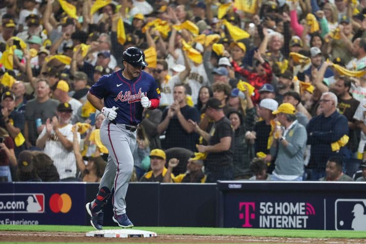 San Diego Padres fans reacts after Atlanta Braves’ Ramón Laureano (18) lines out during the ninth inning of National League Division Series Wild Card Game Two at Petco Park in San Diego on Wednesday, Oct. 2, 2024. Atlanta lost 5-4 allowing the Padres to advance to the Division Series and face the Los Angeles Dodgers.  (Jason Getz / Jason.Getz@ajc.com)