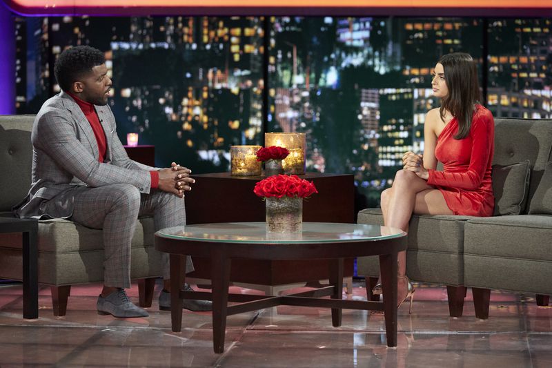 Emmanuel Acho interviews Rachael Kirkconnell during the "After the Final Rose" show. (ABC/Craig Sjodin)