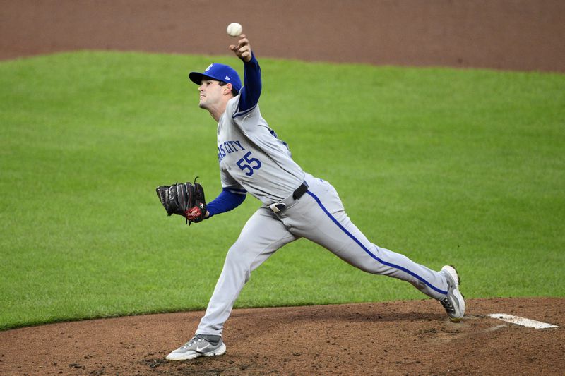 Kansas City Royals starting pitcher Cole Ragans throws in the fifth inning during Game 1 of an AL Wild Card Series baseball game against the Baltimore Orioles, Tuesday, Oct. 1, 2024, in Baltimore. The Royals won 1-0. (AP Photo/Nick Wass)