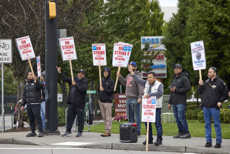 Boeing Machinists Union members react to passing vehicles while on the picket line at the company's factory in Renton, Wash., on Saturday, Sept. 14, 2024. (AP Photo/John Froschauer)