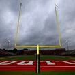 The goalpost is shown on the field before the game between Peachtree Ridge and North Gwinnett at North Gwinnett high school, Friday, October 13, 2023, in Suwanee, Ga. (Jason Getz / Jason.Getz@ajc.com)