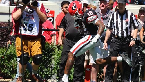 041324 Athens: Wide receiver Sacovie White breaks away to the endzone for a touchdown to give the black team a 17-13 lead during the G-Day game on Saturday, April 13, 2024.  Curtis Compton for the Atlanta Journal Constitution