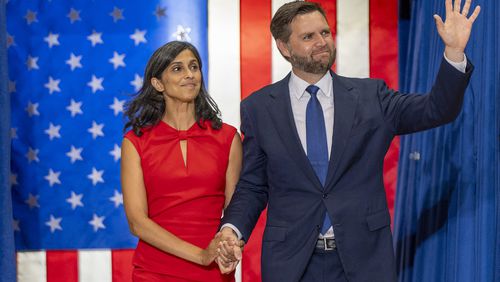 FILE - Republican vice presidential candidate Sen. JD Vance, R-Ohio, and his wife Usha Vance arrive to speak at a campaign rally, July 27, 2024, in St. Cloud, Minn. (AP Photo/Alex Brandon, File)