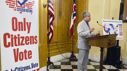 FILE - Luis Gil, a Republican candidate for Franklin County Commissioner in central Ohio, speaks in favor of a constitutional amendment on fall ballots that would prohibit noncitizen voting at the Ohio Statehouse in Columbus, Ohio, on, Oct. 6, 2022. (AP Photo/Julie Carr Smyth, File)