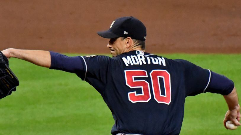 Atlanta Braves starting pitcher Charlie Morton (50) delivers to a