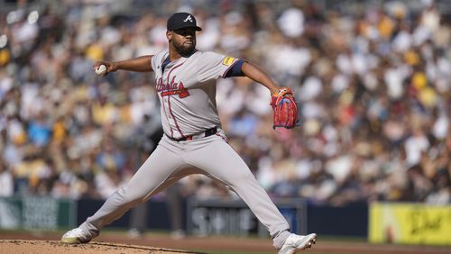 Atlanta Braves starting pitcher Reynaldo Lopez works against a San Diego Padres batter during the second inning of a baseball game Saturday, July 13, 2024, in San Diego. (AP Photo/Gregory Bull)