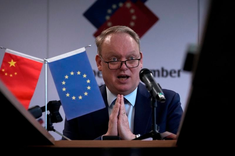 President of the European Union Chamber of Commerce in China Jens Eskelund gestures as he speaks during a press conference for the annual European Business in China Position Paper, in Beijing, Wednesday, Sept. 11, 2024. (AP Photo/Andy Wong)