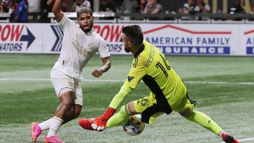 Atlanta United forward Josef Martinez has his shot blocked by Toronto FC goalkeeper Quentin Westberg during the second half in a MLS soccer match on Wednesday, August 18, 2021, in Atlanta. Atlanta United held on for a 1-0 victory.  “Curtis Compton / Curtis.Compton@ajc.com”