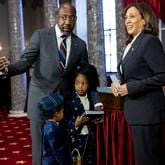 Senator Reverend Raphael Warnock (D-GA) arrives with his two children for his ceremonial swearing in with Vice President Kamala Harris at the Capitol in Washington, DC on January 3rd, 2022. (Nathan Posner for the Atlanta Journal-Constitution)