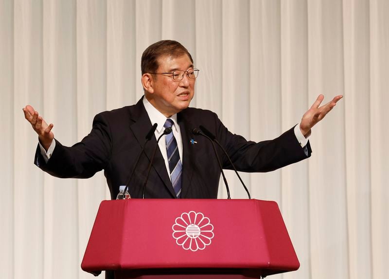 Shigeru Ishiba, the newly elected leader of Japan's ruling party, the Liberal Democratic Party (LDP) holds a press conference after the LDP leadership election, in Tokyo Friday, Sept. 27, 2024. (Kim Kyung-Hoon/Pool Photo via AP)