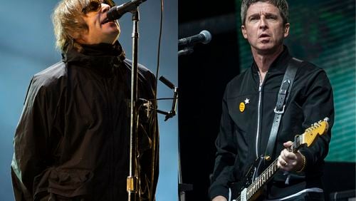 Liam Gallagher performs at the Reading Music Festival, England on Aug. 29, 2021, left, and Noel Gallagher performs at the Glastonbury Festival in Worthy Farm, Somerset, England, on June 25, 2022. (AP Photo)