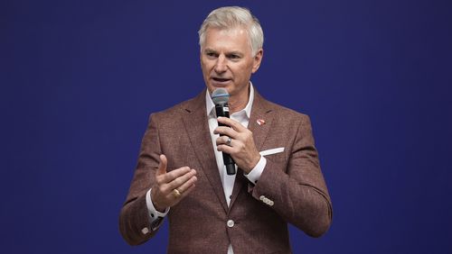 Southwest Airlines Bob Jordan responds to questions during a news conference at the company's headquarters in Dallas, Thursday, Sept. 26, 2024. (AP Photo/Tony Gutierrez)