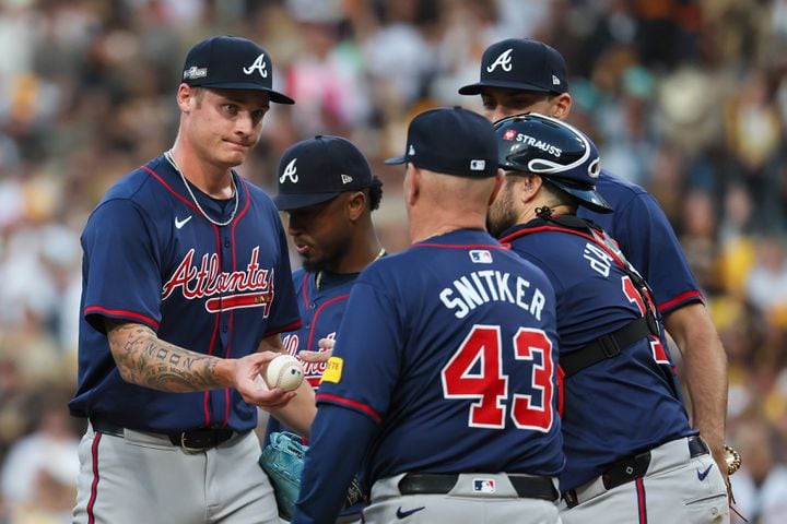 Atlanta Braves pitcher AJ Smith-Shawver (32) is relieved during the second inning of National League Division Series Wild Card Game One against the San Diego Padres at Petco Park in San Diego on Tuesday, Oct. 1, 2024.   (Jason Getz / Jason.Getz@ajc.com)