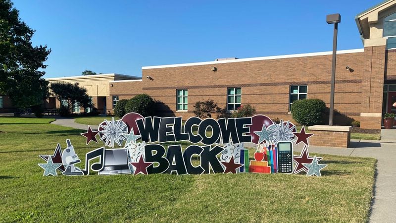 Lovinggood Middle School students were welcomed back to class Tuesday with this sign in front of the school. (Alice Tecotzky/alice.tecotzky@ajc.com)
