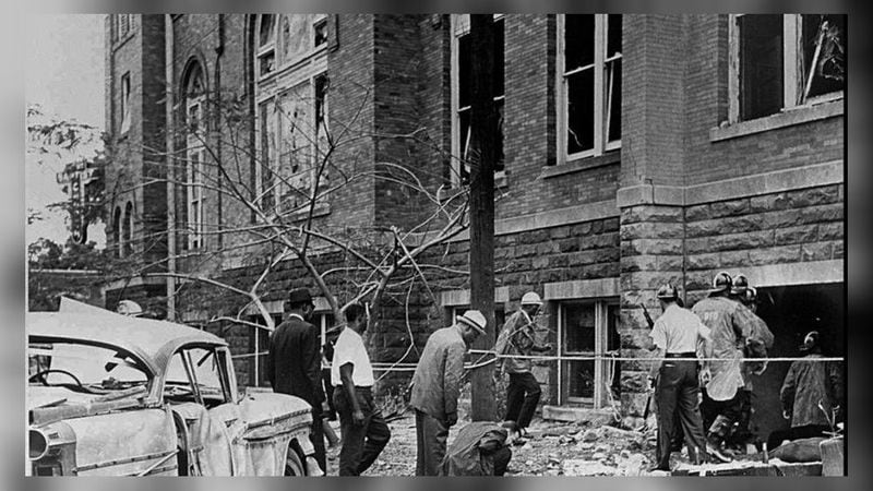 A copy of a 1963 file photo of the Sunday, Sept. 15, 1963, bombing of the 16th Street Baptist Church that killed Denise McNair, 11, Addie Mae Collins, Cynthia Wesley and Carole Robertson, all 14. (AP/The Birmingham News)
