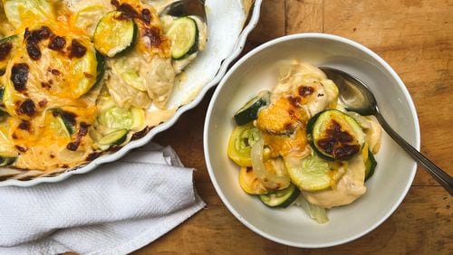 Yellow and zucchini squash are par-cooked then coated in cheese sauce and broiled for a quick summertime gratin.
(Virginia Willis for The Atlanta Journal-Constitution)