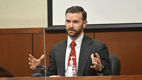 FILE - Sgt. Kyle Meany of the Louisville Metro Police Department testifies, Feb. 23, 2022, in Louisville, Ky. (AP Photo/Timothy D. Easley, Pool)