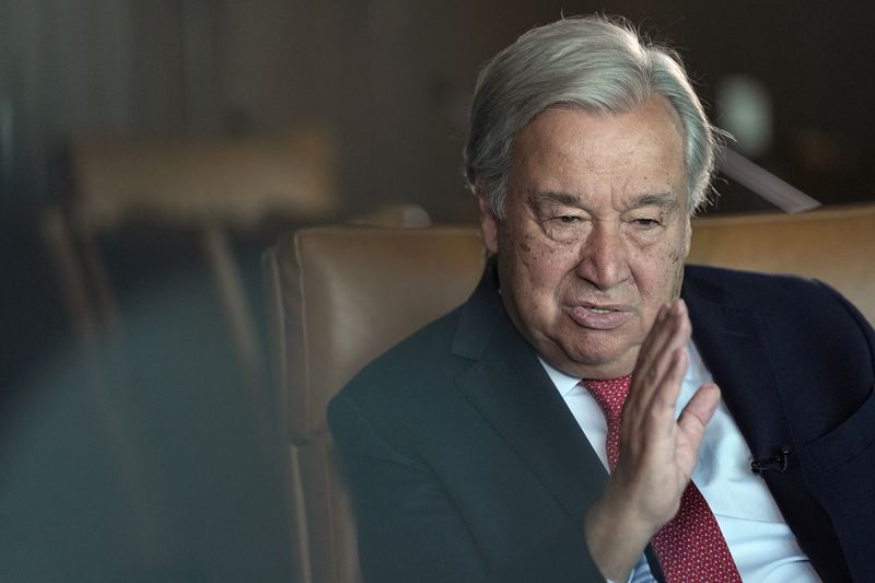 United Nations Secretary-General Antonio Guterres speaks during an interview at the United Nations headquarters, Monday, Sept. 9, 2024. (AP Photo/Pamela Smith)