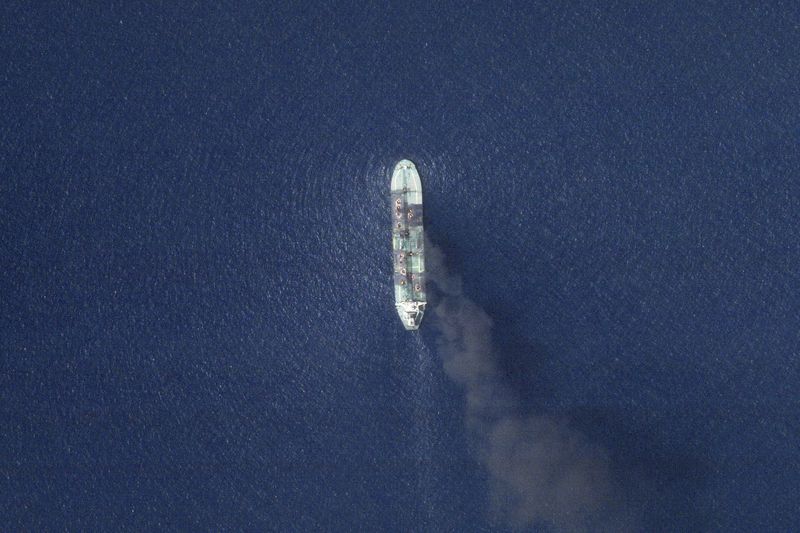 This satellite picture from Planet Labs PBC shows the Greek-flagged oil tanker Sounion burning in the Red Sea after being attacked by Yemen's Houthi rebels on Tuesday, Sept. 3, 2024. (Planet Labs PBC via AP)