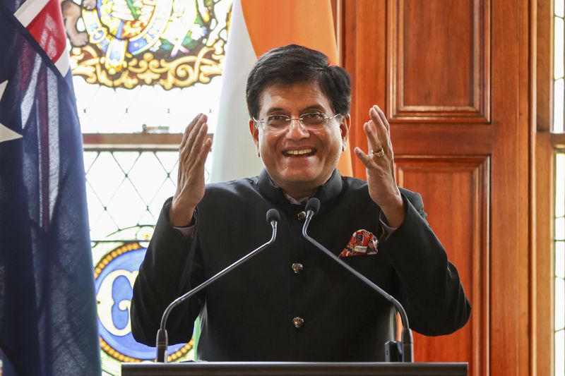 Piyush Goyal, India's Minister for Commerce and Industry speaks to media during a news conference at government House in Adelaide, Australia, Wednesday, Sept. 25, 2024. (Matt Turner/AAP Image via AP)