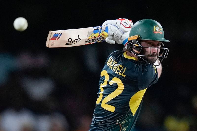 Australia's Glenn Maxwell bats during the men's T20 World Cup cricket match between Afghanistan and Australia at Arnos Vale Ground, Kingstown, Saint Vincent and the Grenadines, Saturday, June 22, 2024. (AP Photo/Ramon Espinosa)