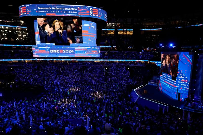 Democratic presidential nominee Vice President Kamala Harris is seen on a video monitor after the roll call during the Democratic National Convention Tuesday, Aug. 20, 2024, in Chicago. (AP Photo/Morry Gash)