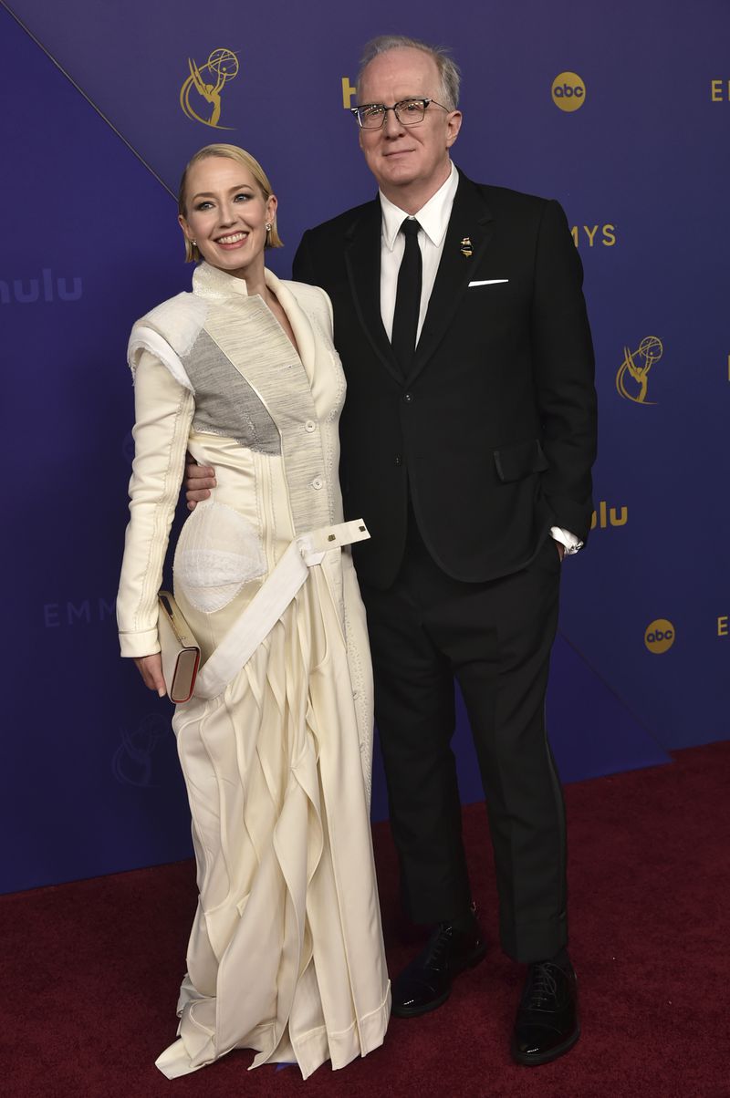 Carrie Coon, left, and Tracy Letts arrive at the 76th Primetime Emmy Awards on Sunday, Sept. 15, 2024, at the Peacock Theater in Los Angeles. (Photo by Richard Shotwell/Invision/AP)