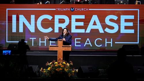 FILE - Democratic vice presidential candidate Sen. Kamala Harris, D-Calif., speaks at Triumph Church, Sunday, Oct. 25, 2020, in Southfield, Mich. Black clergy marvel at the fusion of traditions and teachings that have molded Kamala Harris' religious faith and social-justice values. (AP Photo/Carlos Osorio, File)