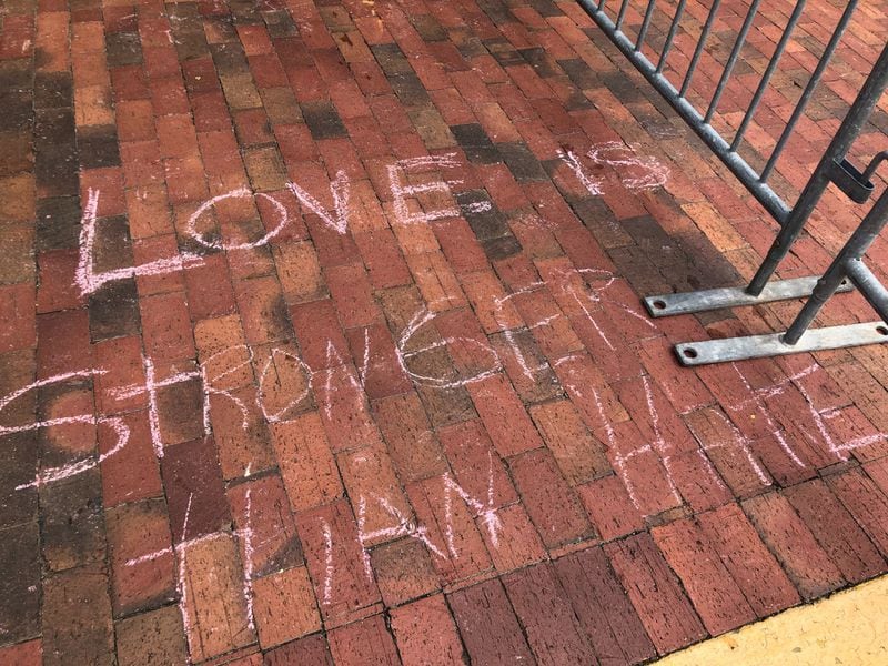 The square in Dahlonega was decorated by locals with gold ribbon and slogans in chalk on Saturday, Sept. 14, 2019. (Photo: Chris Joyner/AJC)