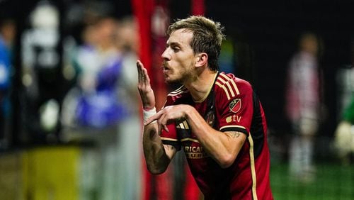 Atlanta United forward Saba Lobjanidze celebrates after scoring a goal during the match against DC United in the Leagues Cup at Mercedes Benz Stadium in Atlanta, Ga. on Friday, July 26, 2024. (Photo by Julian Alexander/Atlanta United)