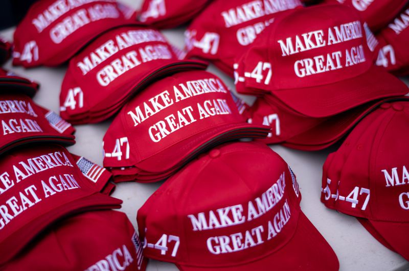 Merchandise is pictured before a campaign rally for Republican presidential nominee former President Donald Trump at the Mohegan Sun Arena at Casey Plaza in Wilkes-Barre, Pa., Saturday, Aug. 17, 2024. (AP Photo/Laurence Kesterson)