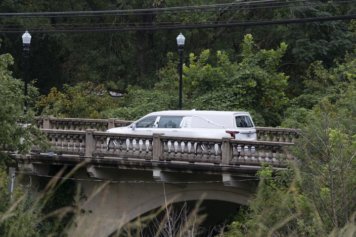 The hearse heads towards the Jefferson Civic Center for the funeral of Mason Alexander Schermerhorn on Saturday, Sept. 14, 2024.   Ben Gray for the Atlanta Journal-Constitution