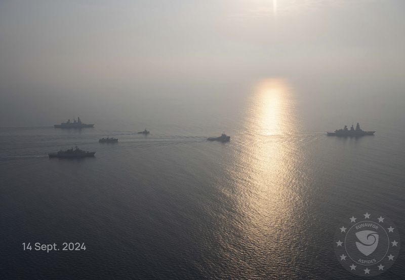 This photo released by the European Union’s Operation Aspides shows warships attached to the mission escorting salvage ships in the Red Sea on Saturday, Sept. 14, 2024. A new attempt has begun to try to salvage an oil tanker burning in the Red Sea after attacks by Yemen’s Houthi rebels, a European Union naval mission said Saturday. (European Union's Operation Aspides via AP)