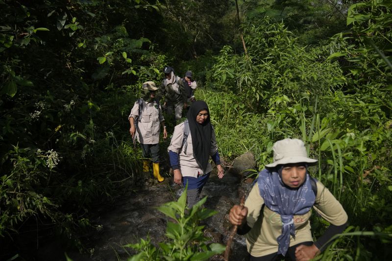 Rangers walk along a stream during a forest patrol in Damaran Baru, Aceh province, Indonesia, Tuesday, May 7, 2024. The female-led group of forest rangers are defying social norms to lead patrols in the jungle to combat deforestation. (AP Photo/Dita Alangkara)