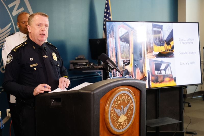 Atlanta Police Chief Darin Schierbaum speaks during a press conference at the APD headquarters on Wednesday, January 17, 2024. Billboards are going up in major cities across the U.S. offering cash rewards for information leading to the arrests and convictions of violent “anarchists” opposed to Atlanta’s Public Safety Training Center, the police chief said Wednesday.
Miguel Martinez /miguel.martinezjimenez@ajc.com