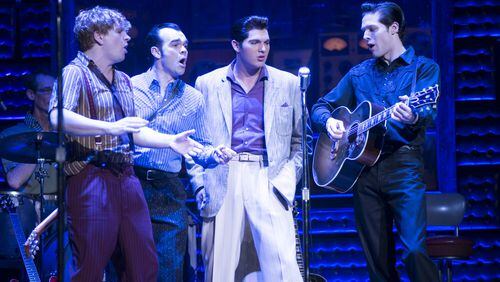 Ben Goddard as Jerry Lee Lewis, James Barry as Carl Perkins, Cody Slaughter as Elvis Presley and David Elkins as Johnny Cash in the national tour of "Million Dollar Quartet." The show comes to the Fox Theatre starting Tuesday, March 12.
