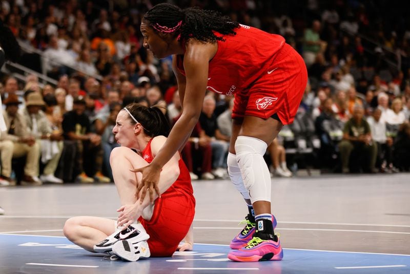 Indiana Fever guard Caitlin Clark (22) reacts after a play in the first half at State Farm Arena, Monday, August 26, 2024, in Atlanta. 
(Miguel Martinez / AJC)