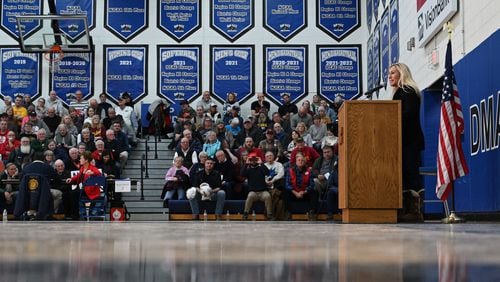 U.S. Rep. Marjorie Taylor Greene speaks in support of former President Donald Trump during the Boone County Republican Caucus meeting at Des Moines Area Community College Boone Campus, Monday, January 15, 2024, in Boone, Iowa. (Hyosub Shin / Hyosub.Shin@ajc.com)